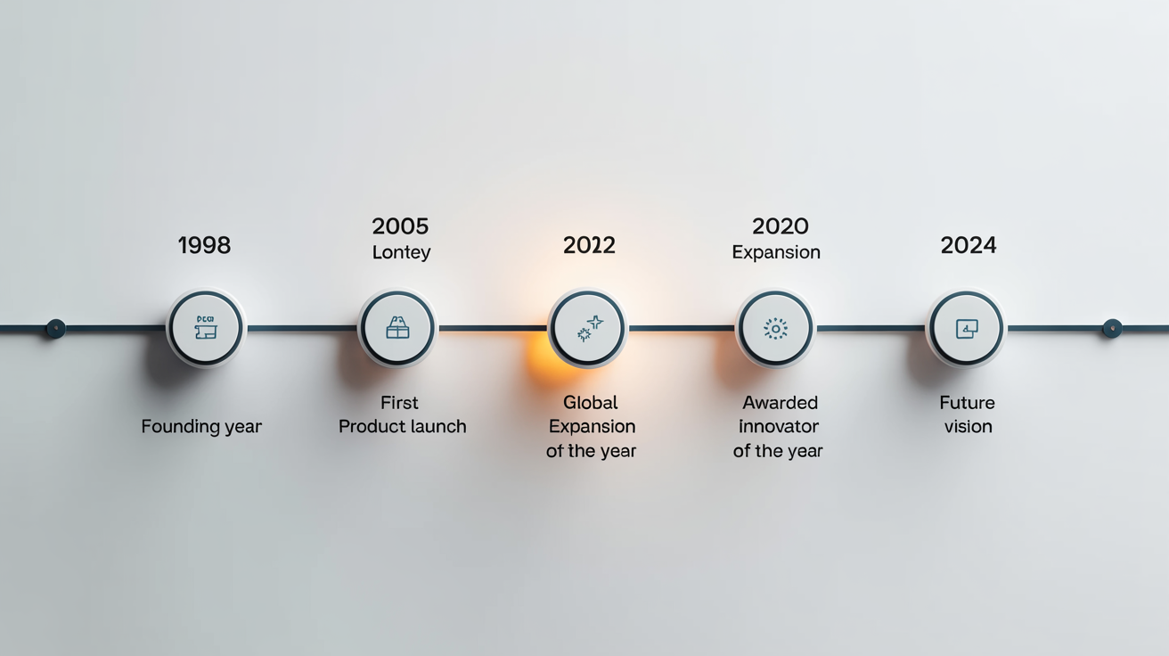 A professional infographic of a company history timeline, displaying key milestones from its founding in 1998 to its future vision in 2024 on a white background.