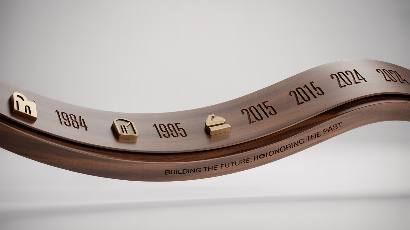 A 3D rendering of a company history timeline made of polished dark wood, curving against a white background. Gold icons representing milestones like a gear, lightbulb, and globe mark engraved dates from 1984 to 2024.