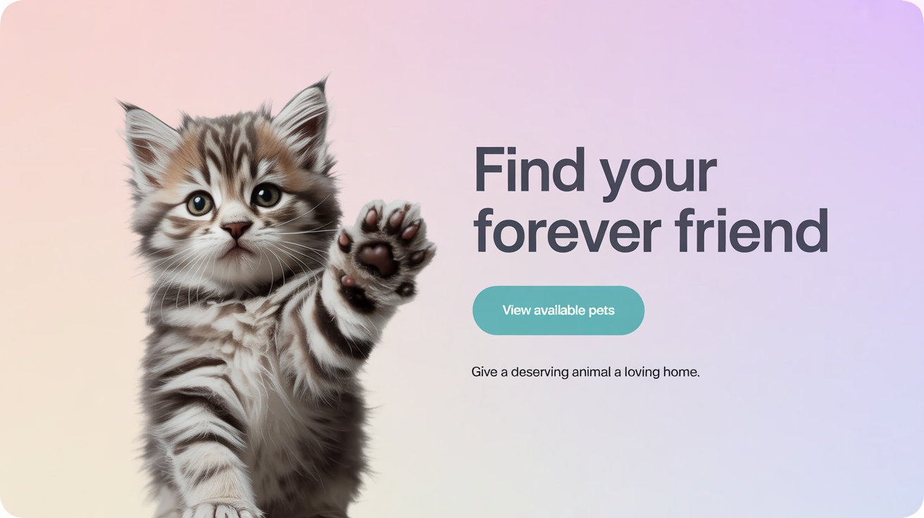 A professionally designed hero image for a website, featuring a cute, fluffy gray kitten on a pastel background with the text 'New Arrivals' on the right.