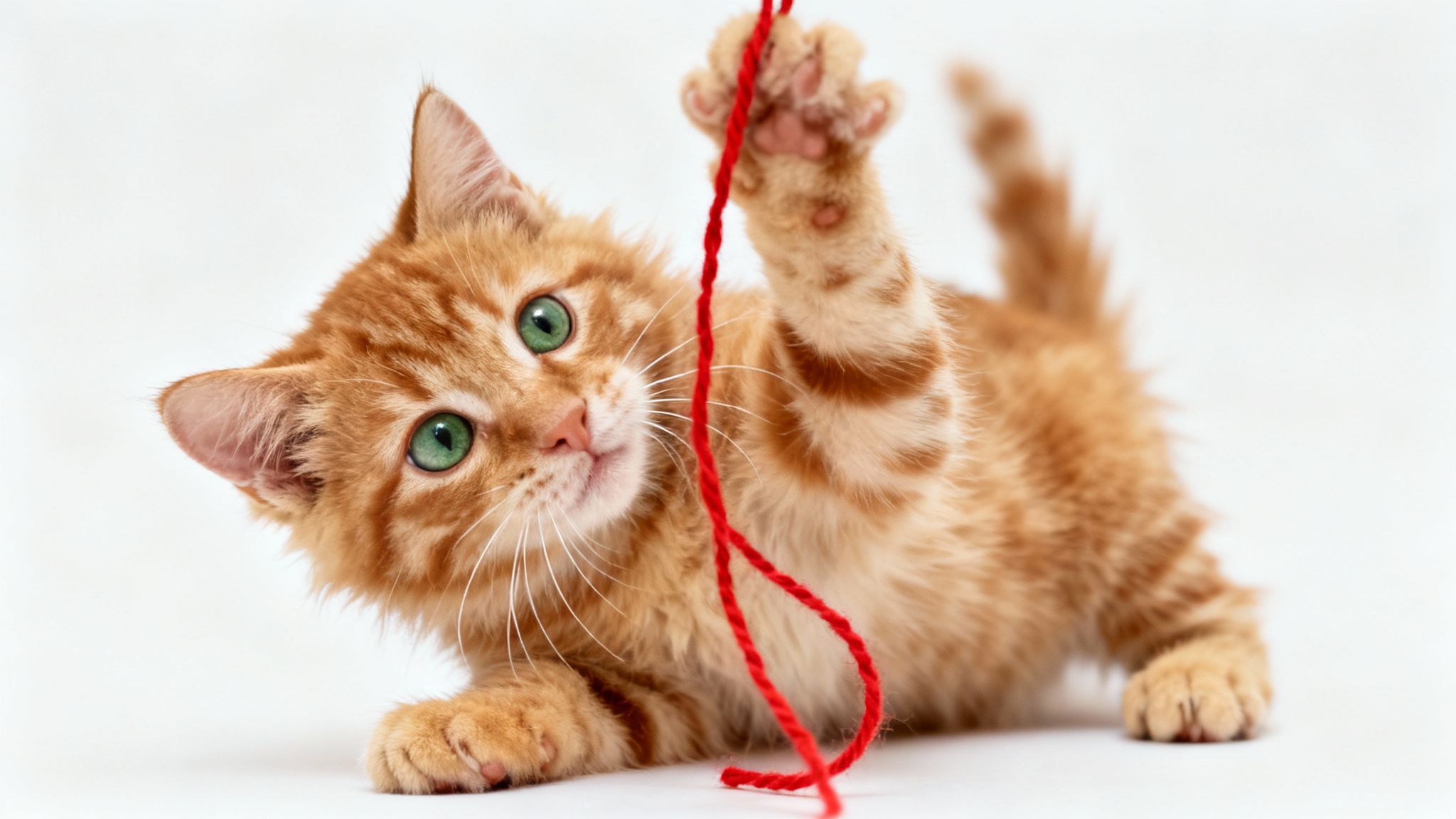 An adorable ginger tabby kitten playfully batting at a red string of yarn against a plain white background.
