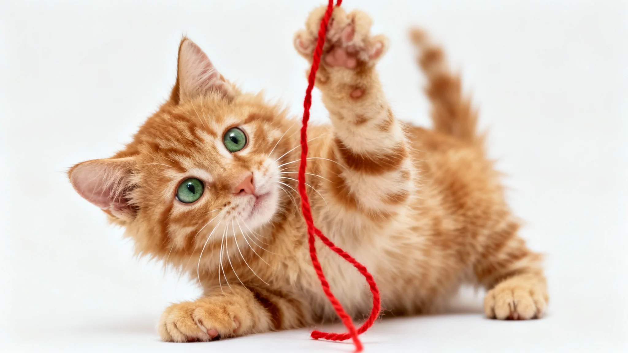 An adorable ginger tabby kitten playfully batting at a red string of yarn against a plain white background.