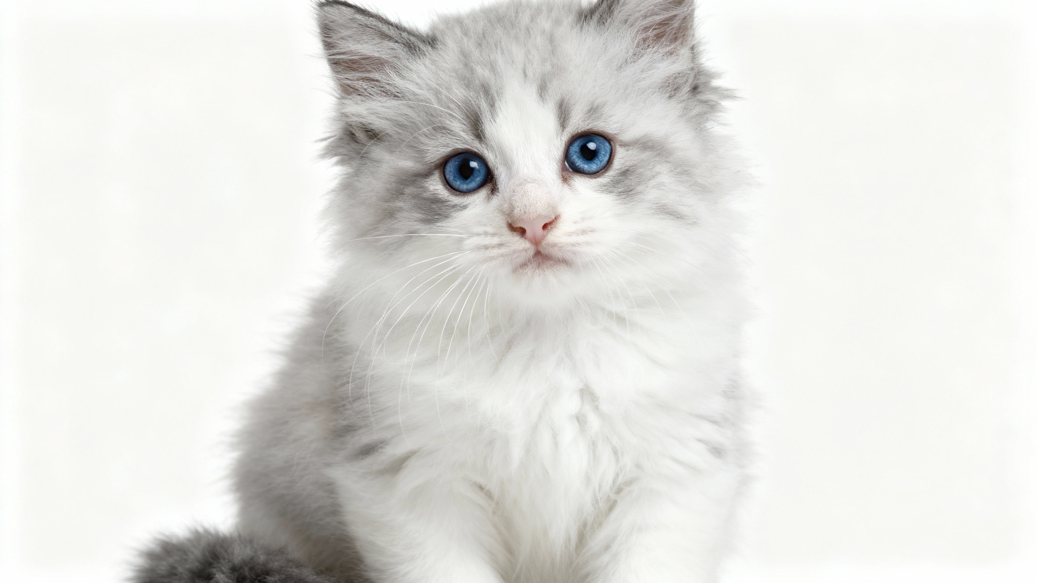 A photorealistic mockup of an adorable, small, fluffy Siberian kitten with blue eyes, sitting and looking curiously at the camera against a plain white background.