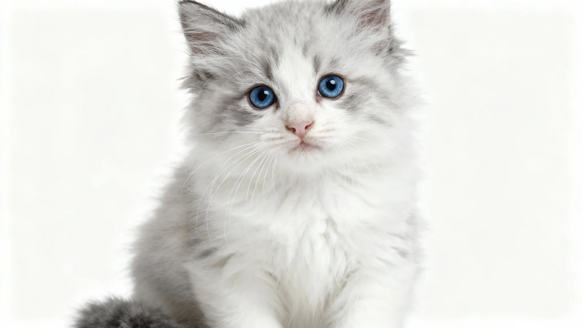 A photorealistic mockup of an adorable, small, fluffy Siberian kitten with blue eyes, sitting and looking curiously at the camera against a plain white background.