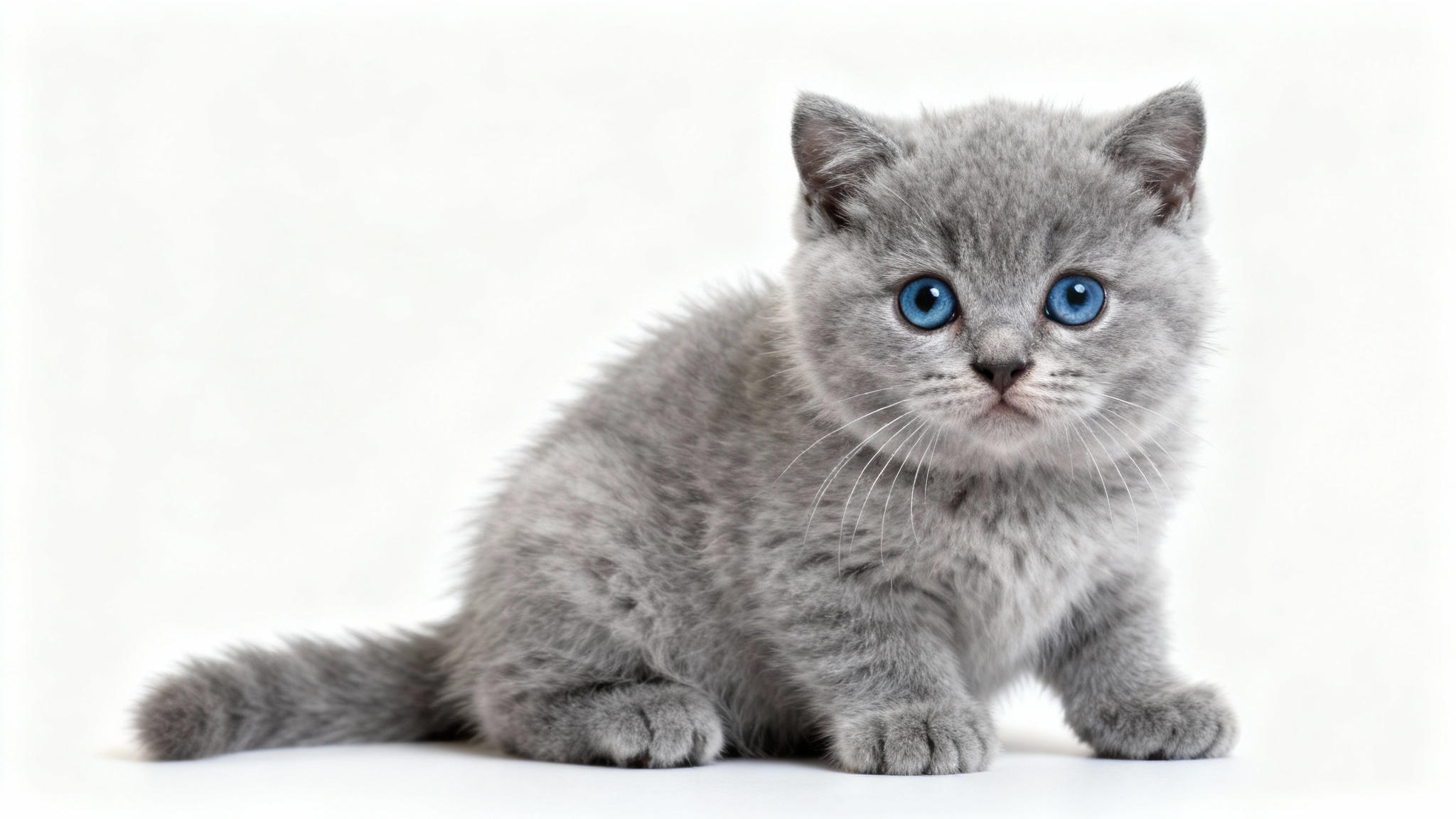 A photorealistic close-up of a fluffy grey British Shorthair kitten with big blue eyes, sitting against a plain white background.