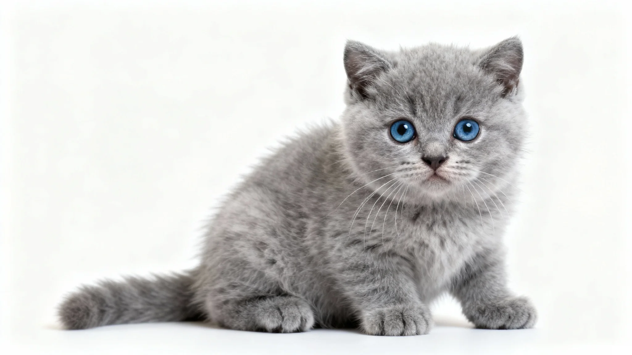 A photorealistic close-up of a fluffy grey British Shorthair kitten with big blue eyes, sitting against a plain white background.