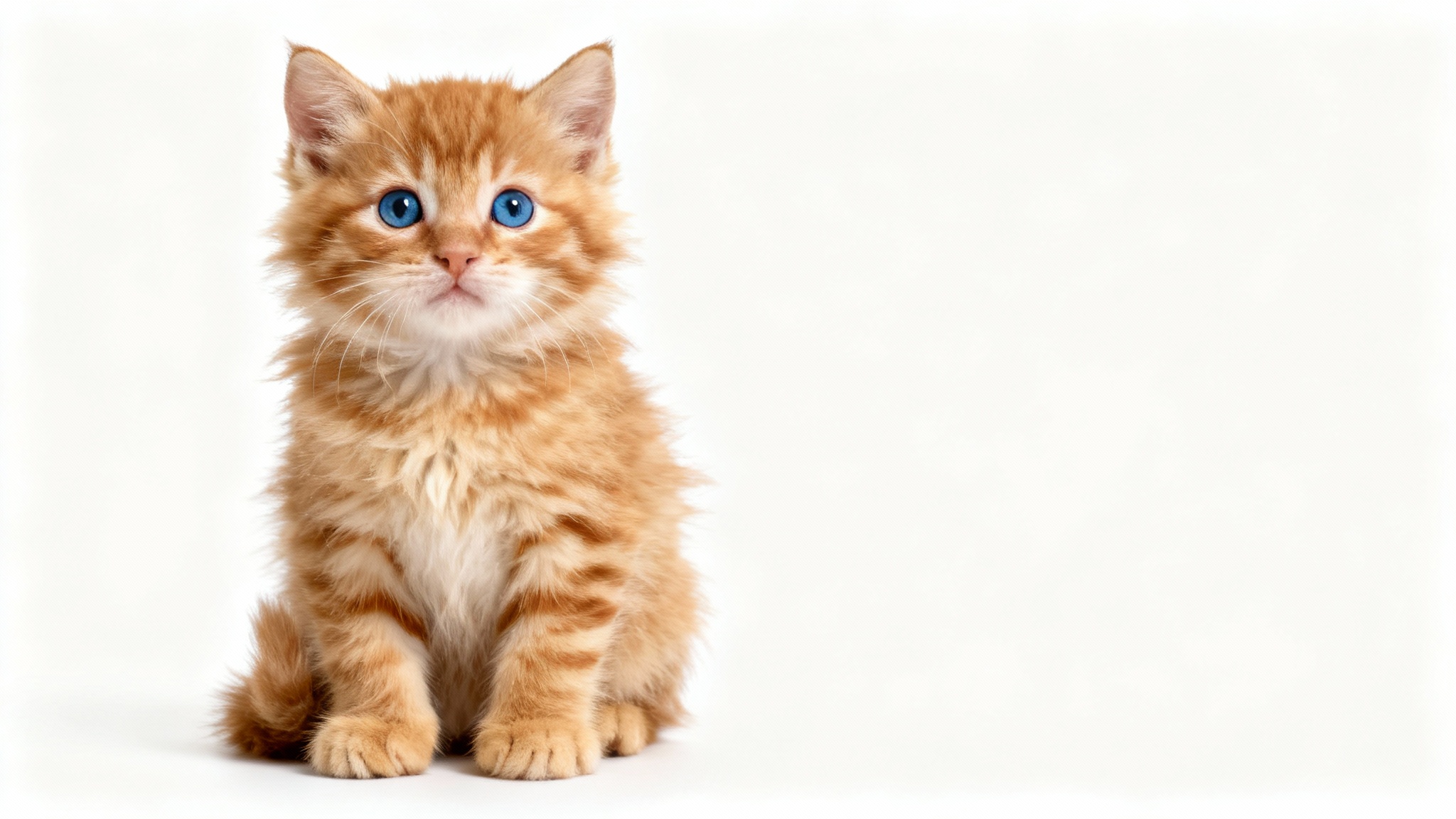A high-detail, realistic studio photograph of a small, fluffy ginger kitten with big blue eyes, sitting and looking curiously at the camera against a solid white background.