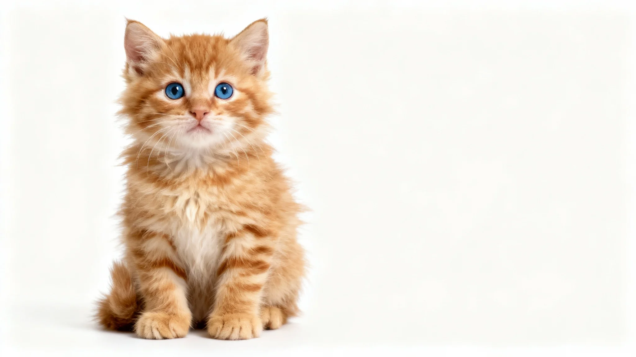 A high-detail, realistic studio photograph of a small, fluffy ginger kitten with big blue eyes, sitting and looking curiously at the camera against a solid white background.