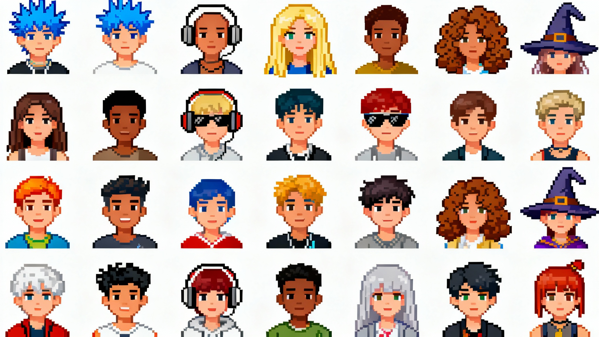 A colorful grid of diverse 8-bit pixel art avatars, showcasing a variety of characters with different hairstyles and accessories, representing the final output of an avatar creator tool.