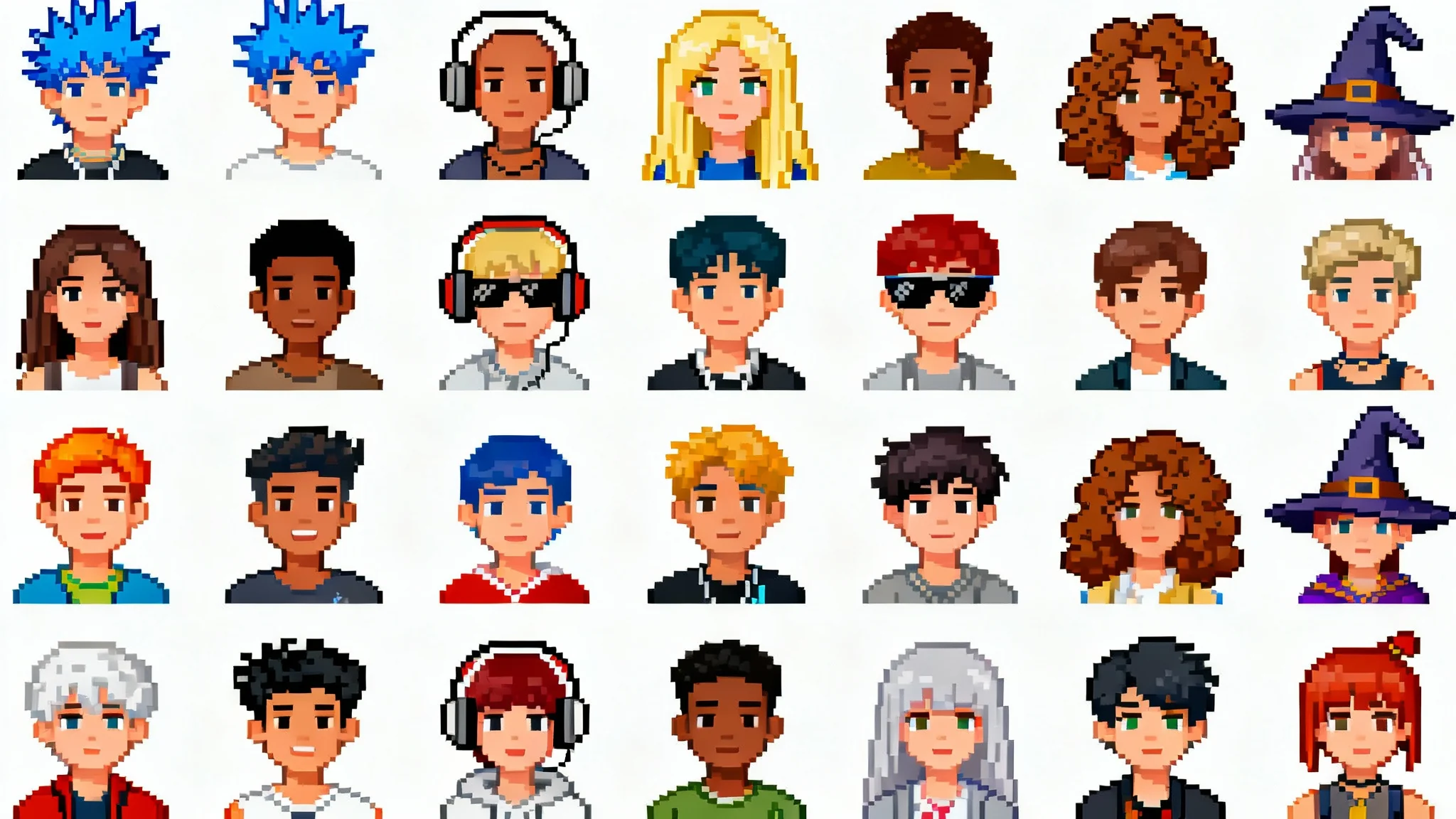 A colorful grid of diverse 8-bit pixel art avatars, showcasing a variety of characters with different hairstyles and accessories, representing the final output of an avatar creator tool.