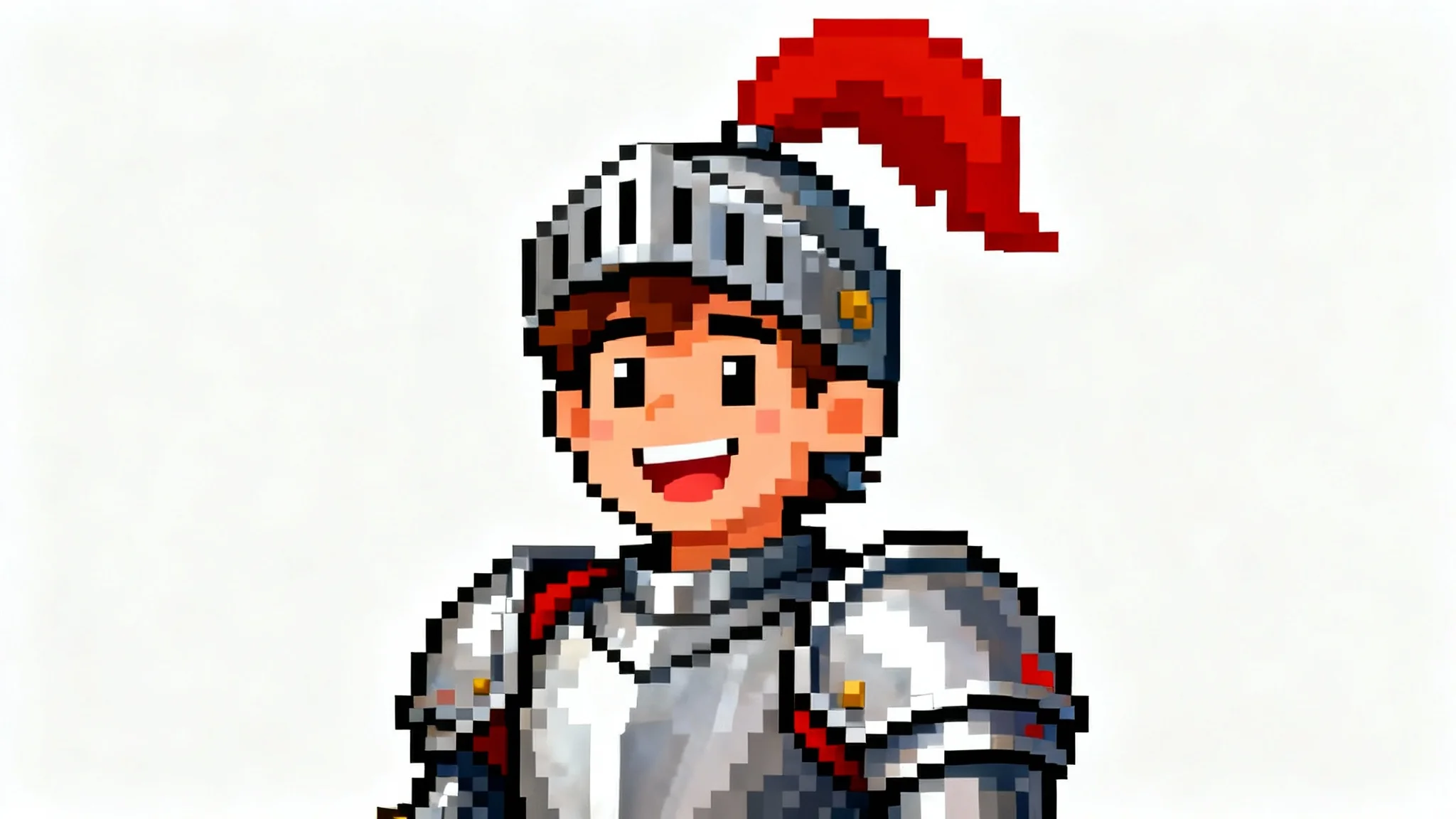 A colorful 8-bit pixel art avatar of a smiling knight in steel armor with a red plume, set against a plain white background.