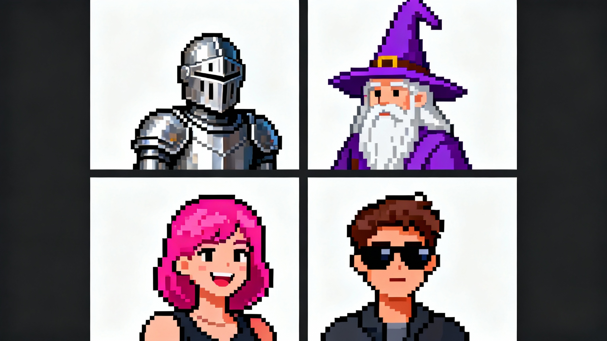 A collection of four diverse 8-bit pixel art avatars, including a knight, a wizard, a woman with pink hair, and a man with sunglasses, displayed in a grid on a white background.