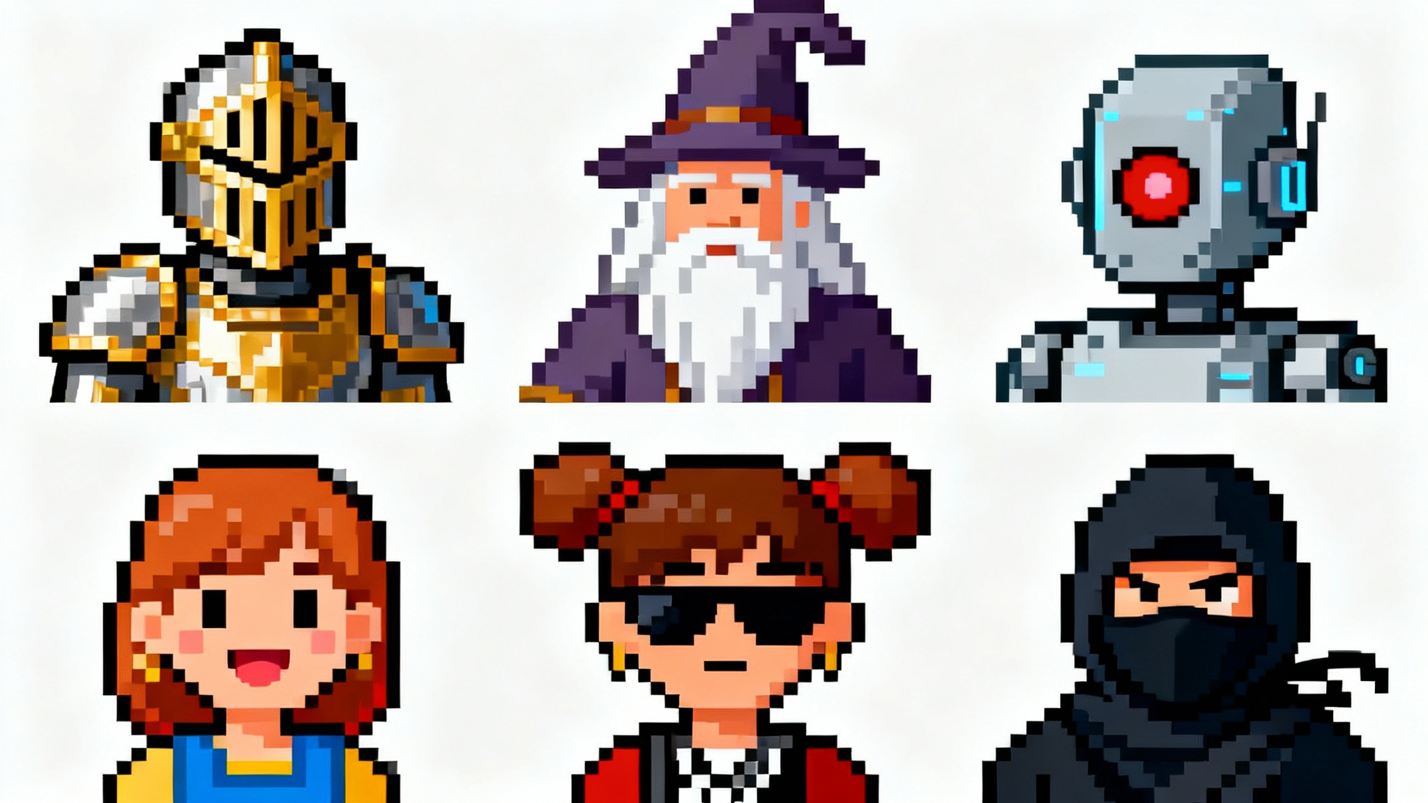 A grid of nine diverse 8-bit pixel art avatars showcasing different characters like a knight, a wizard, and a cyborg, all displayed on a clean white background.