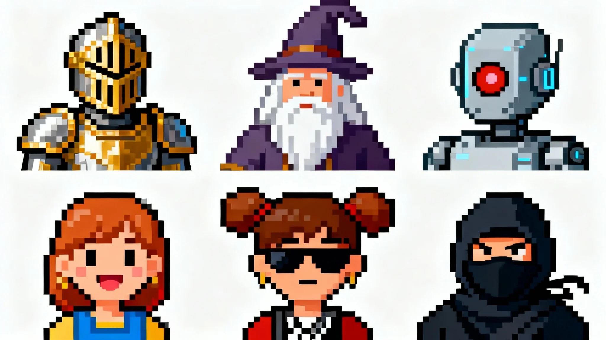 A grid of nine diverse 8-bit pixel art avatars showcasing different characters like a knight, a wizard, and a cyborg, all displayed on a clean white background.