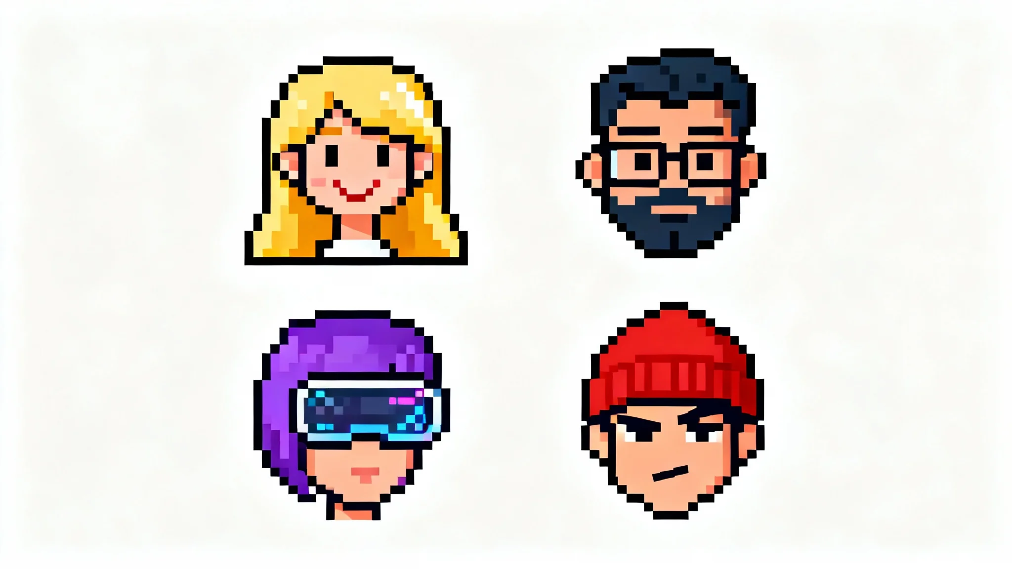 A grid of four colorful 8-bit pixel art avatars showcasing a diverse range of characters and styles against a plain white background.