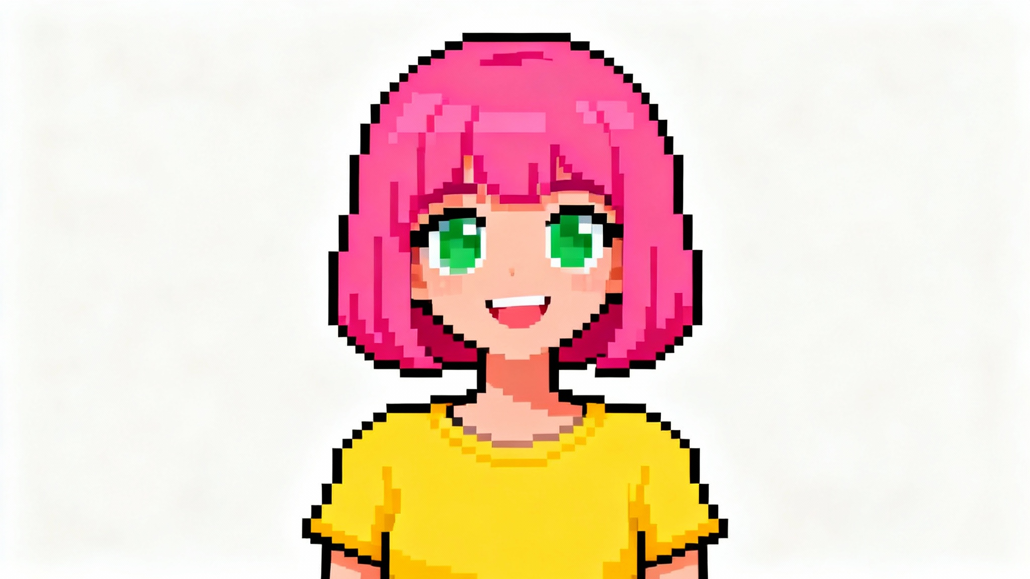 A close-up of a female character's face designed as an 8-bit pixel art avatar, featuring pink hair and green eyes, on a white background.