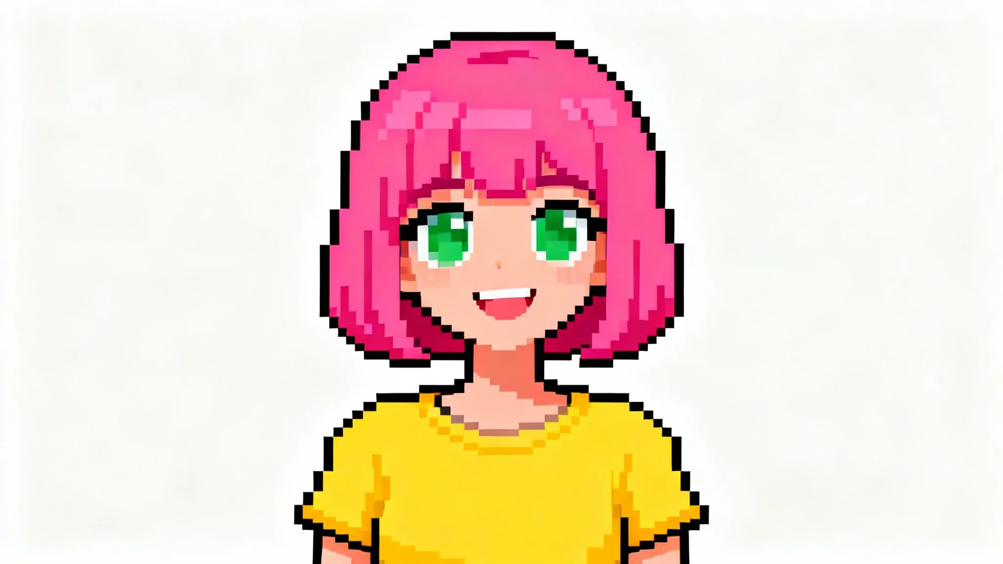 A close-up of a female character's face designed as an 8-bit pixel art avatar, featuring pink hair and green eyes, on a white background.