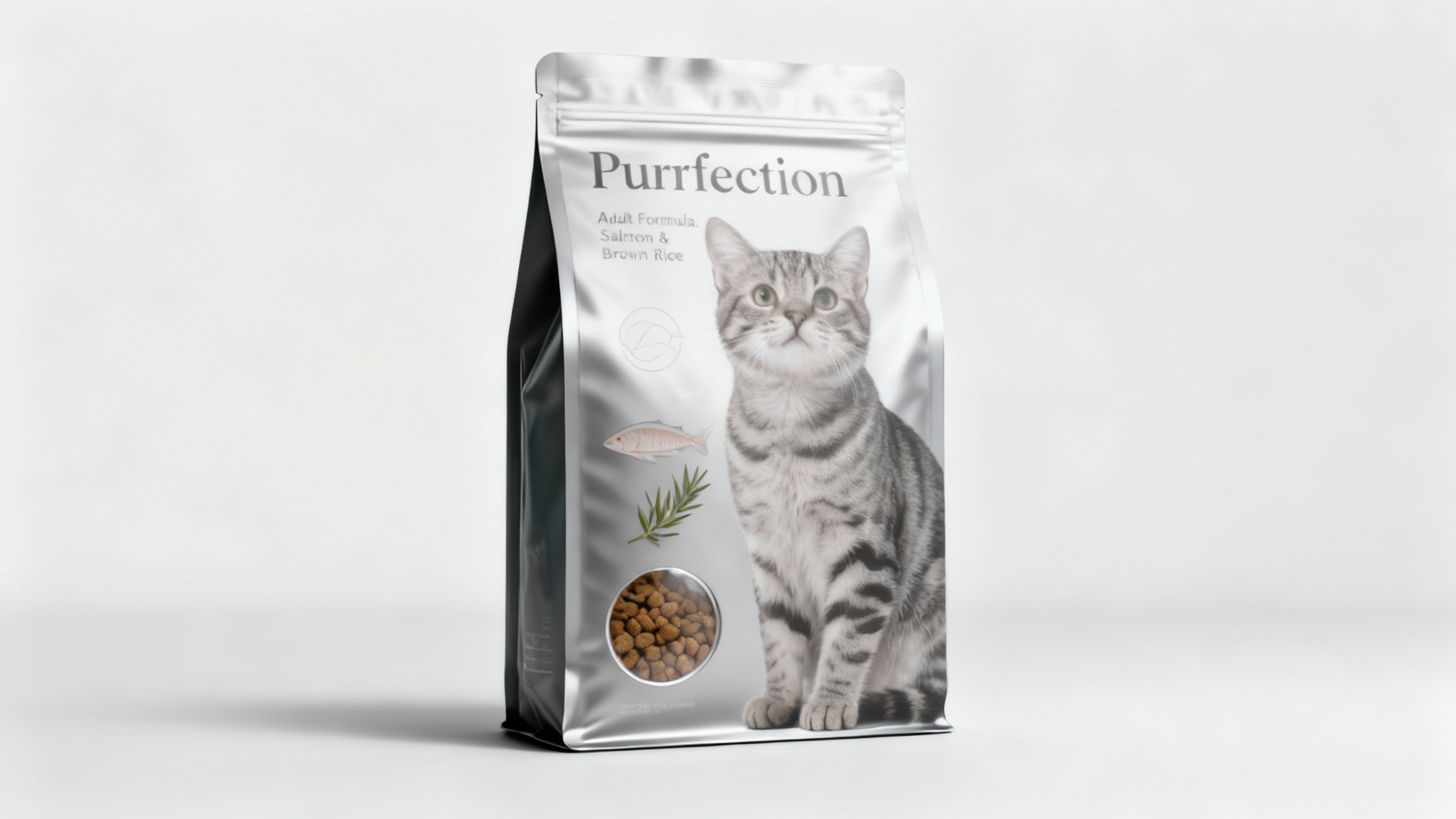 A professional studio photograph of a premium bag of cat food named 'Purrfection'. The modern packaging features a photo of a silver tabby cat and is placed on a clean, light-colored surface.