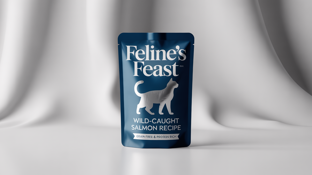 A professional product mockup of a premium cat food pouch labeled "FELINE'S FEAST" and "Wild-Caught Salmon Recipe", featuring a silver cat silhouette on a navy blue bag, against a clean white background.