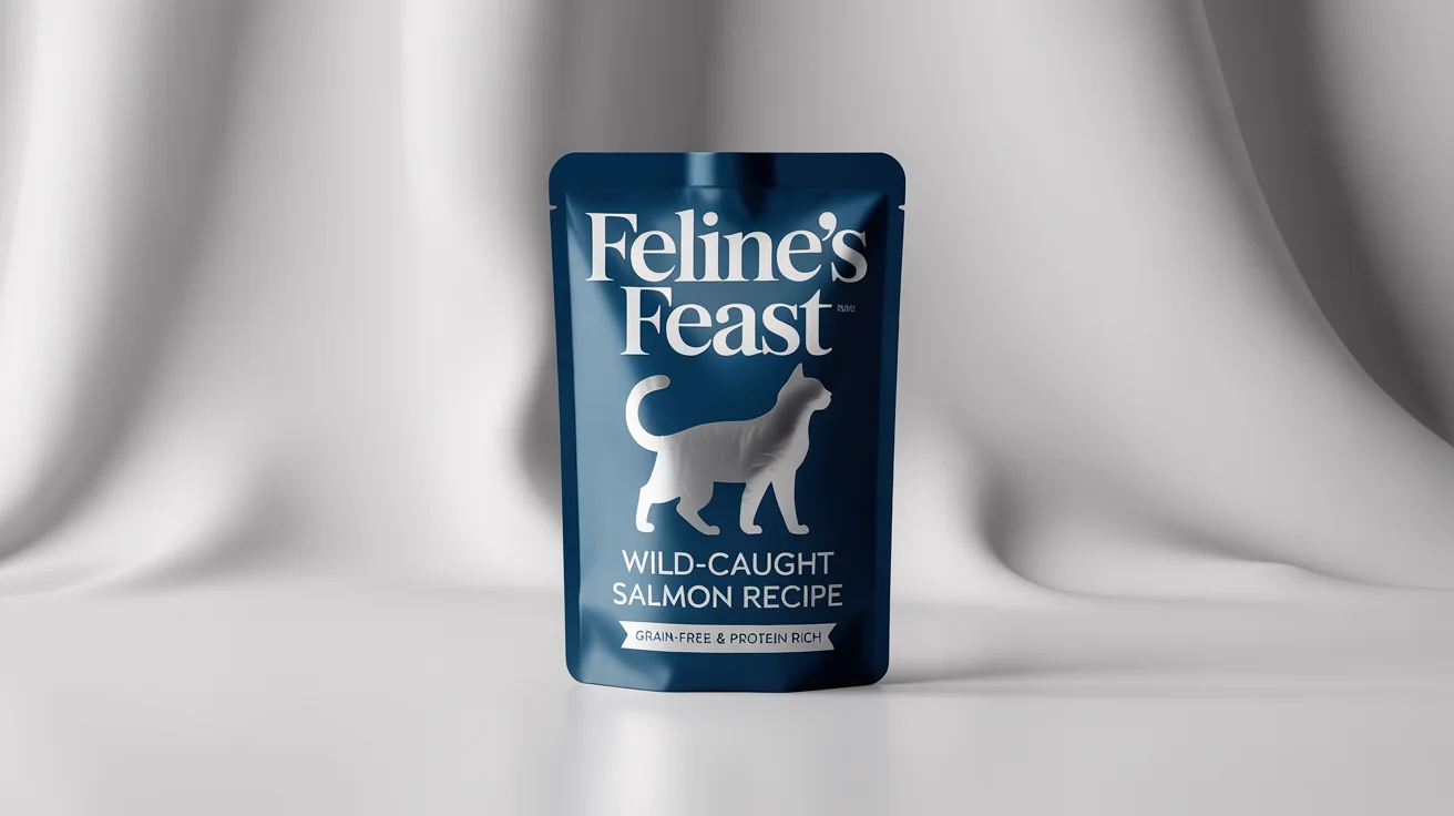 A professional product mockup of a premium cat food pouch labeled "FELINE'S FEAST" and "Wild-Caught Salmon Recipe", featuring a silver cat silhouette on a navy blue bag, against a clean white background.