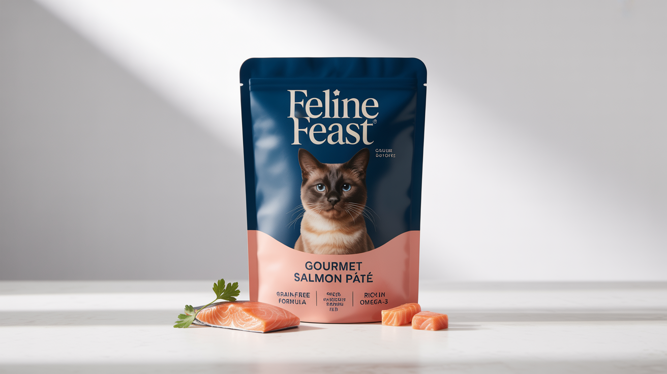 A professional product mockup of a premium cat food pouch from the brand 'Feline Feast', featuring a 'Gourmet Salmon Pâté' flavor and an image of a Siamese cat, set against a clean white background.
