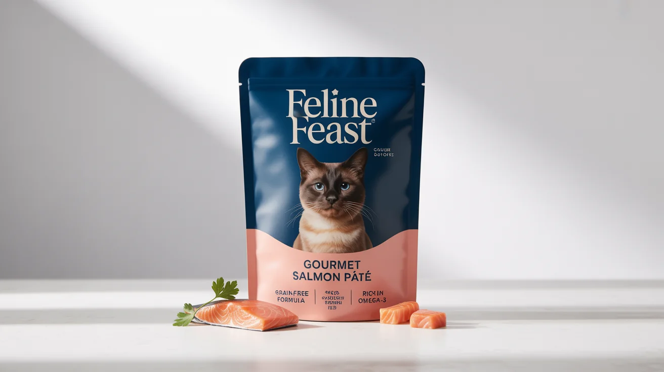 A professional product mockup of a premium cat food pouch from the brand 'Feline Feast', featuring a 'Gourmet Salmon Pâté' flavor and an image of a Siamese cat, set against a clean white background.