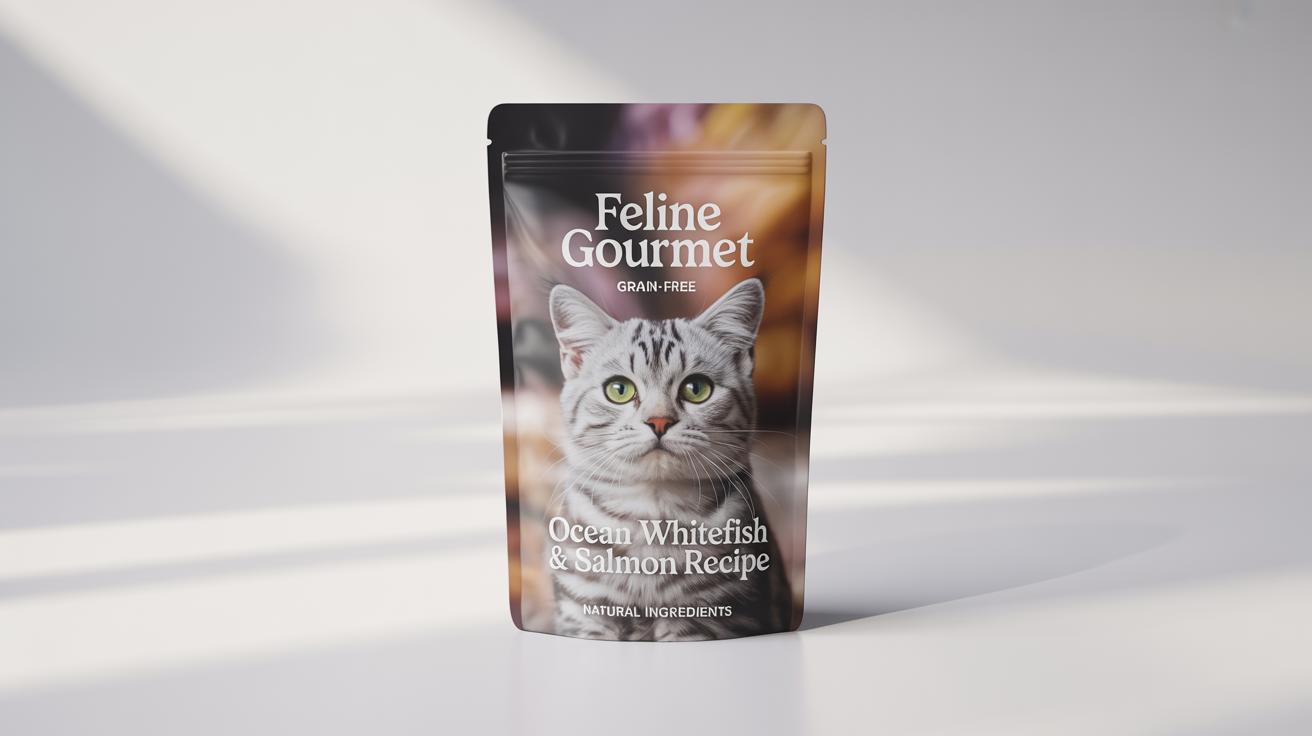 A product mockup of a premium white cat food pouch labeled 'Feline Gourmet - Ocean Whitefish & Salmon Recipe', featuring a photo of a silver tabby cat, set against a plain white background.