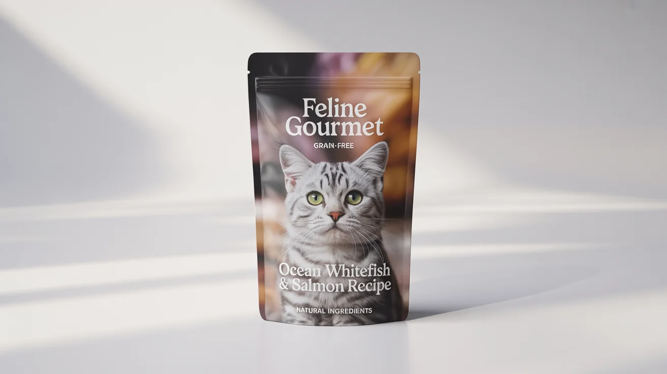 A product mockup of a premium white cat food pouch labeled 'Feline Gourmet - Ocean Whitefish & Salmon Recipe', featuring a photo of a silver tabby cat, set against a plain white background.
