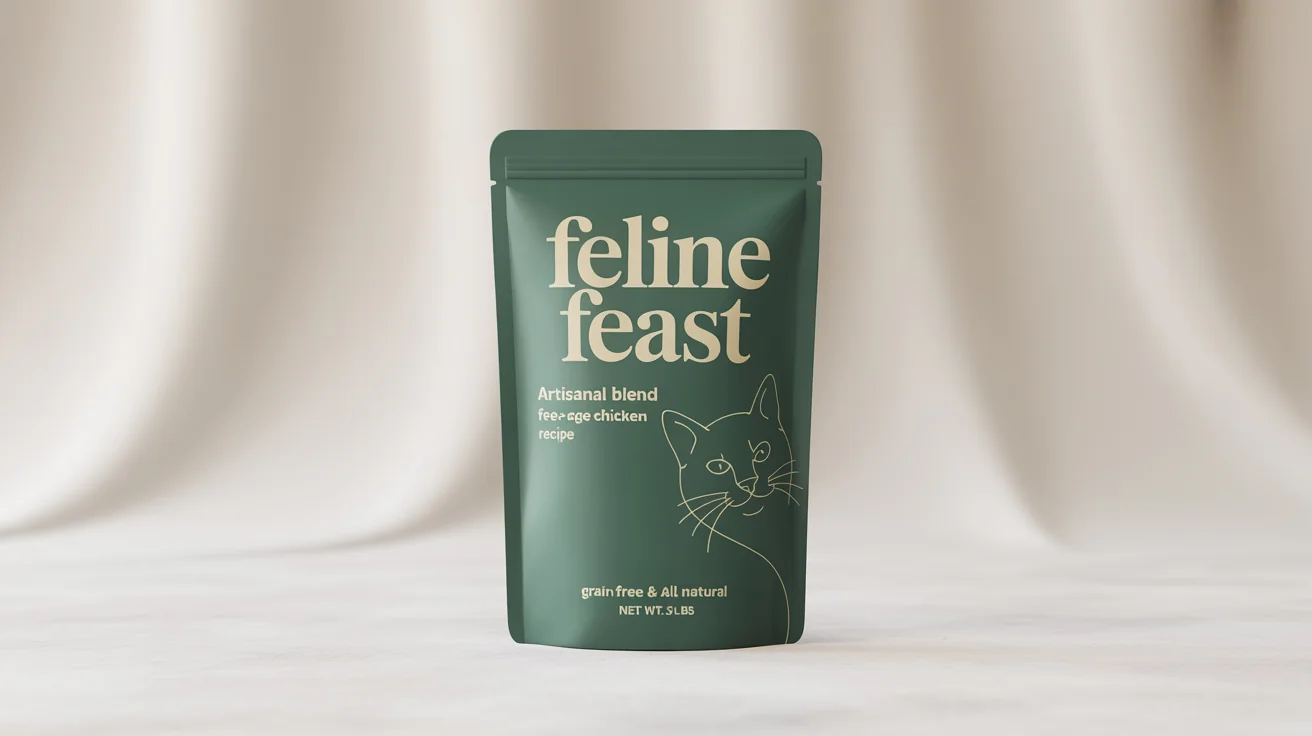 A mockup of a premium, forest green cat food pouch品牌为 'Feline Feast', featuring a 'Free-Range Chicken Recipe', displayed against a stark white background.