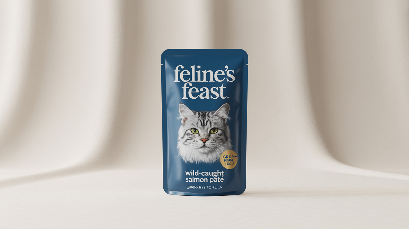A product mockup of a premium cat food pouch for 'Feline's Feast' Wild-Caught Salmon Pâté, featuring a silver tabby cat on the label, against a clean white background.