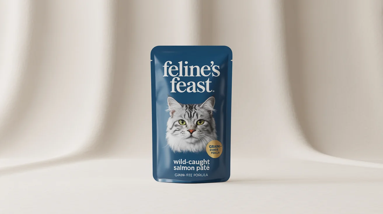 A product mockup of a premium cat food pouch for 'Feline's Feast' Wild-Caught Salmon Pâté, featuring a silver tabby cat on the label, against a clean white background.