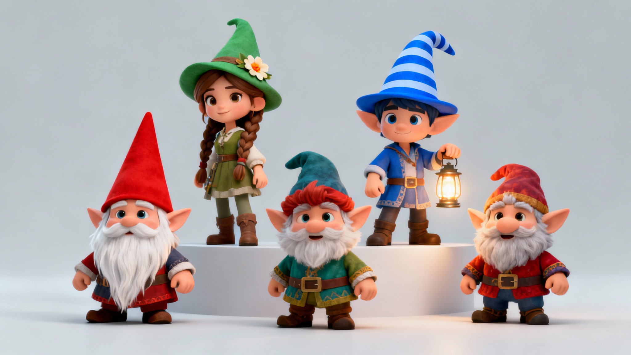 A collection of five colorful and detailed 3D gnome avatars displayed against a clean background, showcasing different hats, accessories, and expressions as the final output from a character generator tool.