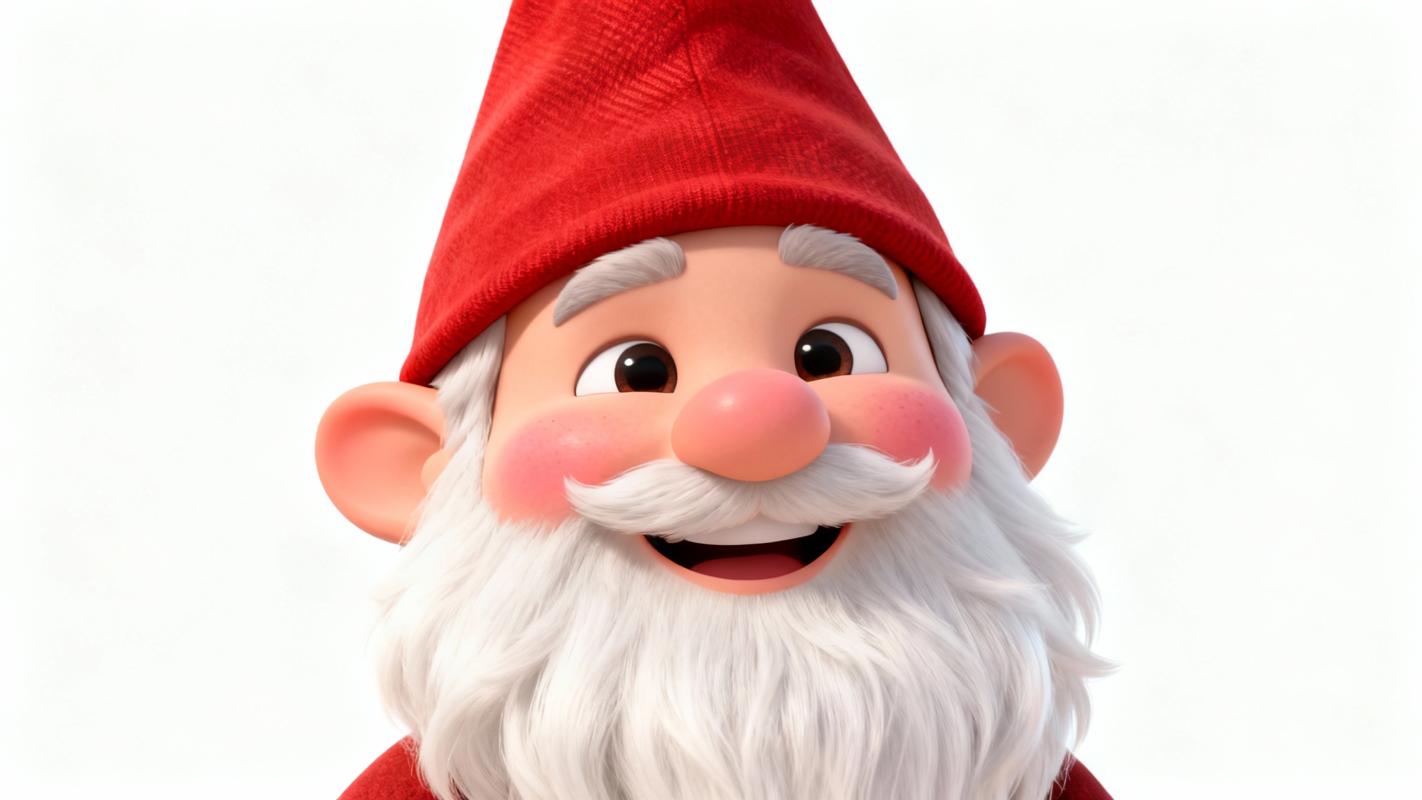 A charming 3D digital art avatar of a garden gnome with a long white beard and a pointy red hat, smiling warmly against a clean white background.