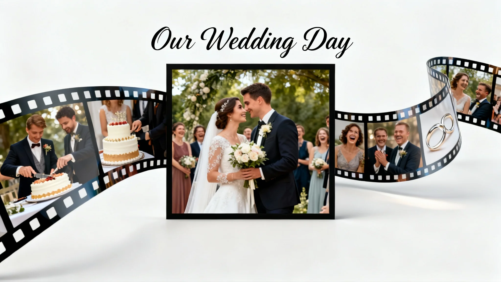 A polished 16:9 photo slideshow about a wedding, displayed against a clean white background. A large central photo shows a happy couple, with smaller photos of wedding moments arranged in a sequence around it. An elegant text overlay reads 'Our Wedding Day'.