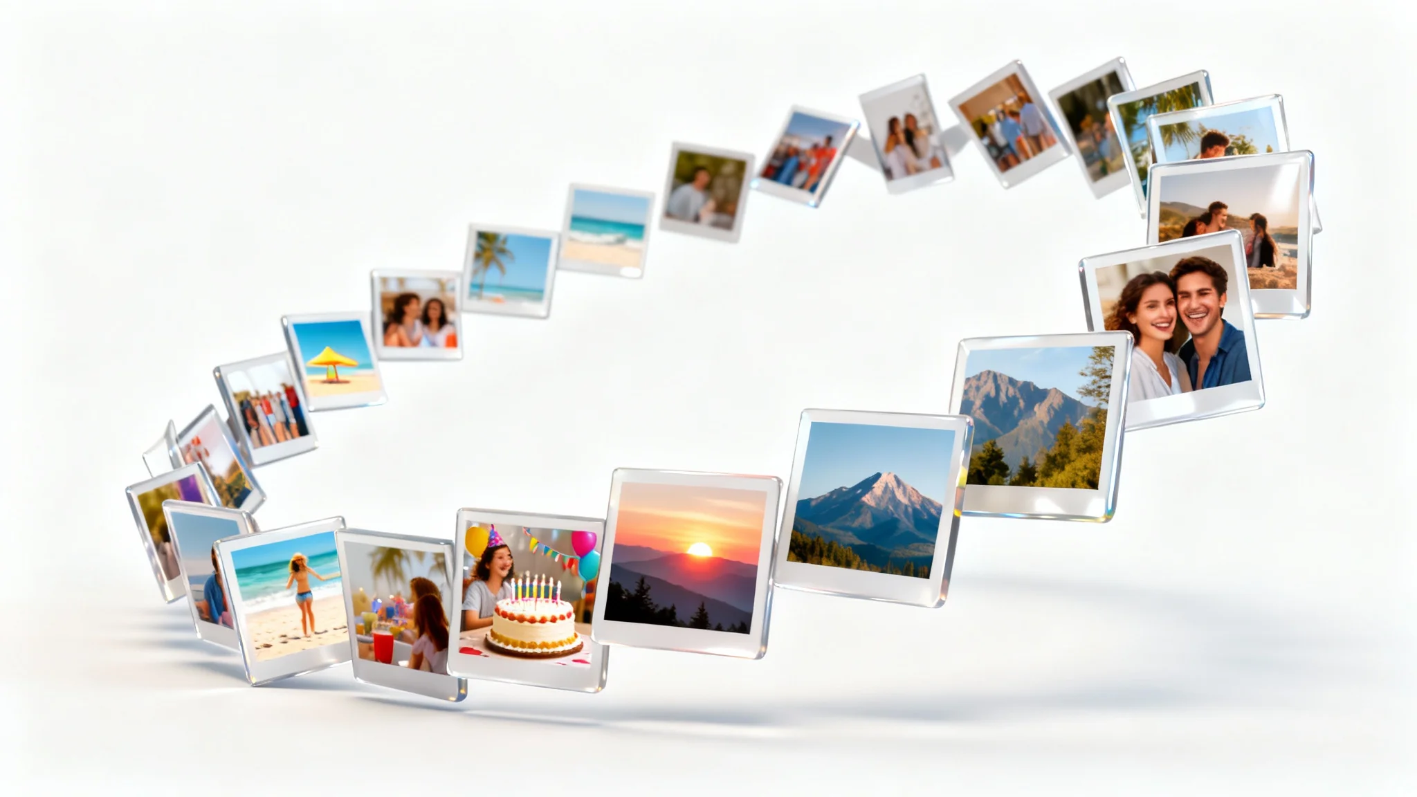 A dynamic arrangement of glossy photographs cascading in a spiral against a white background, representing a photo slideshow of life's moments.