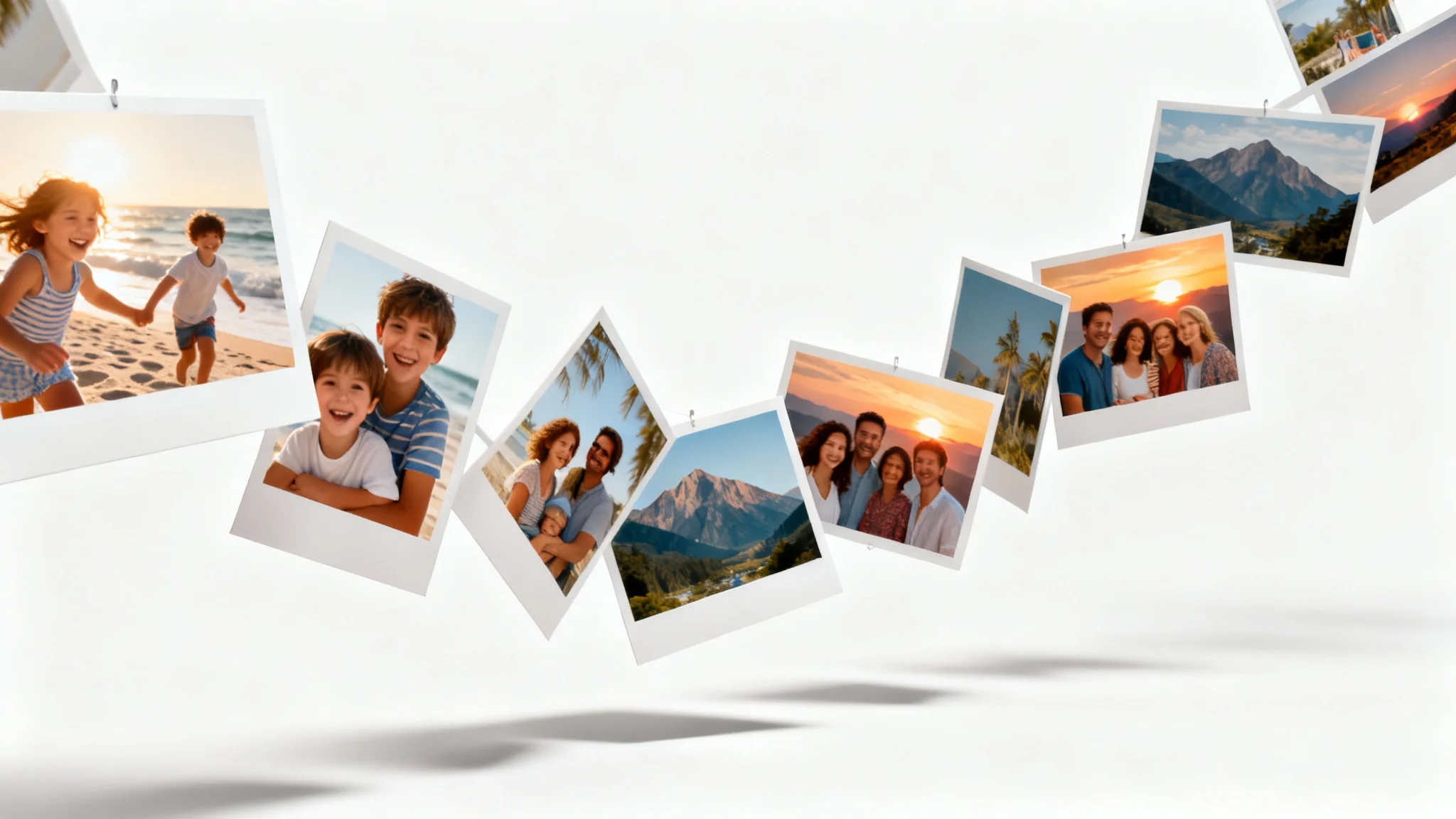 A dynamic arrangement of family vacation photos of various sizes, seemingly floating and cascading against a clean white background, illustrating a photo slideshow.
