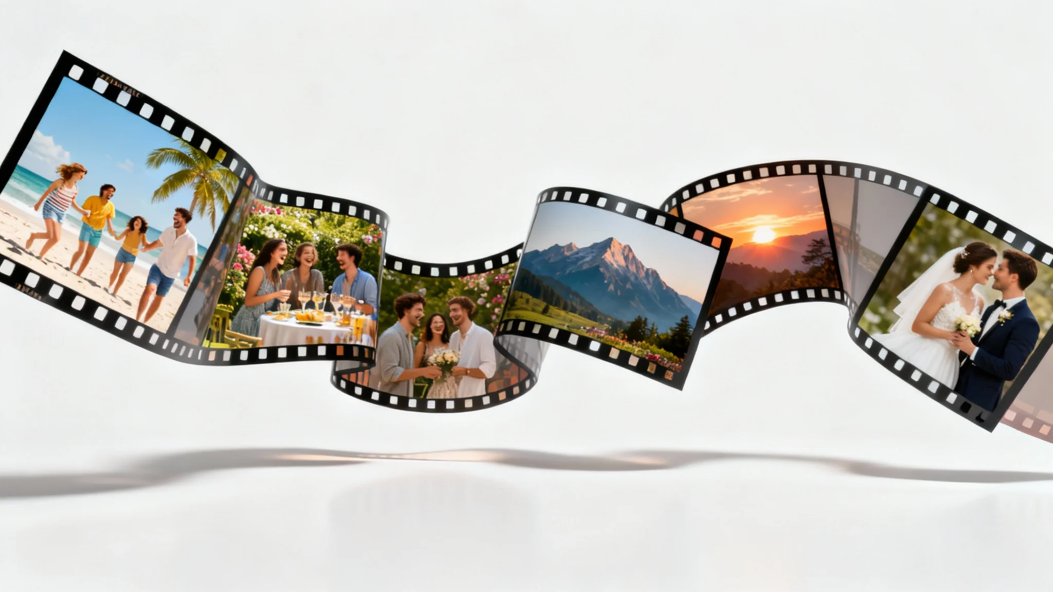 A stylized representation of a photo slideshow, showing several overlapping photo prints of happy memories like a beach vacation and a wedding, arranged in a dynamic, flowing line on a clean white background.
