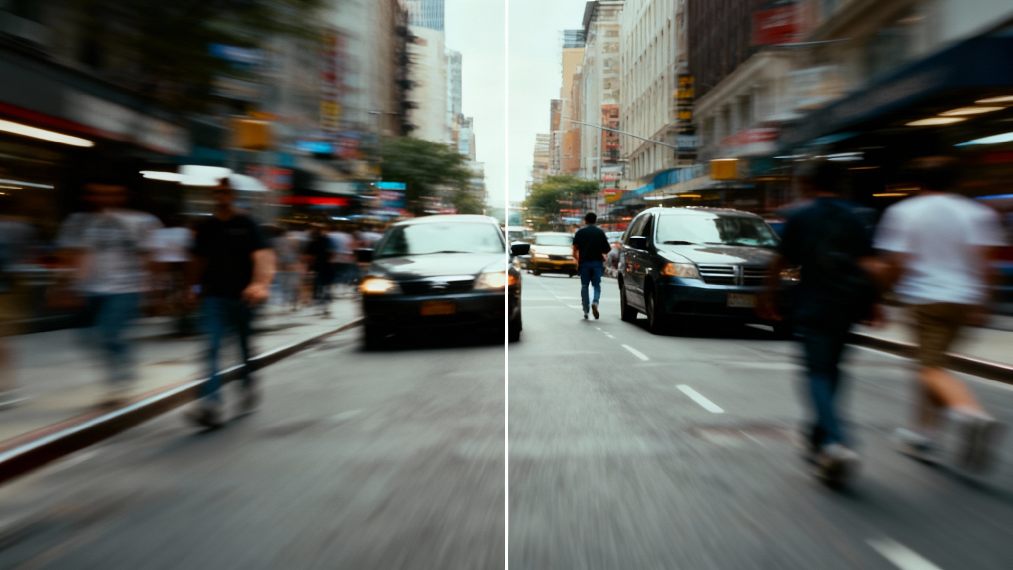 A split-screen comparison showing video stabilization. The left half shows a blurry, shaky video frame of a city street. The right half shows the same frame but perfectly smooth, sharp, and clear, demonstrating the final result of the stabilization tool.