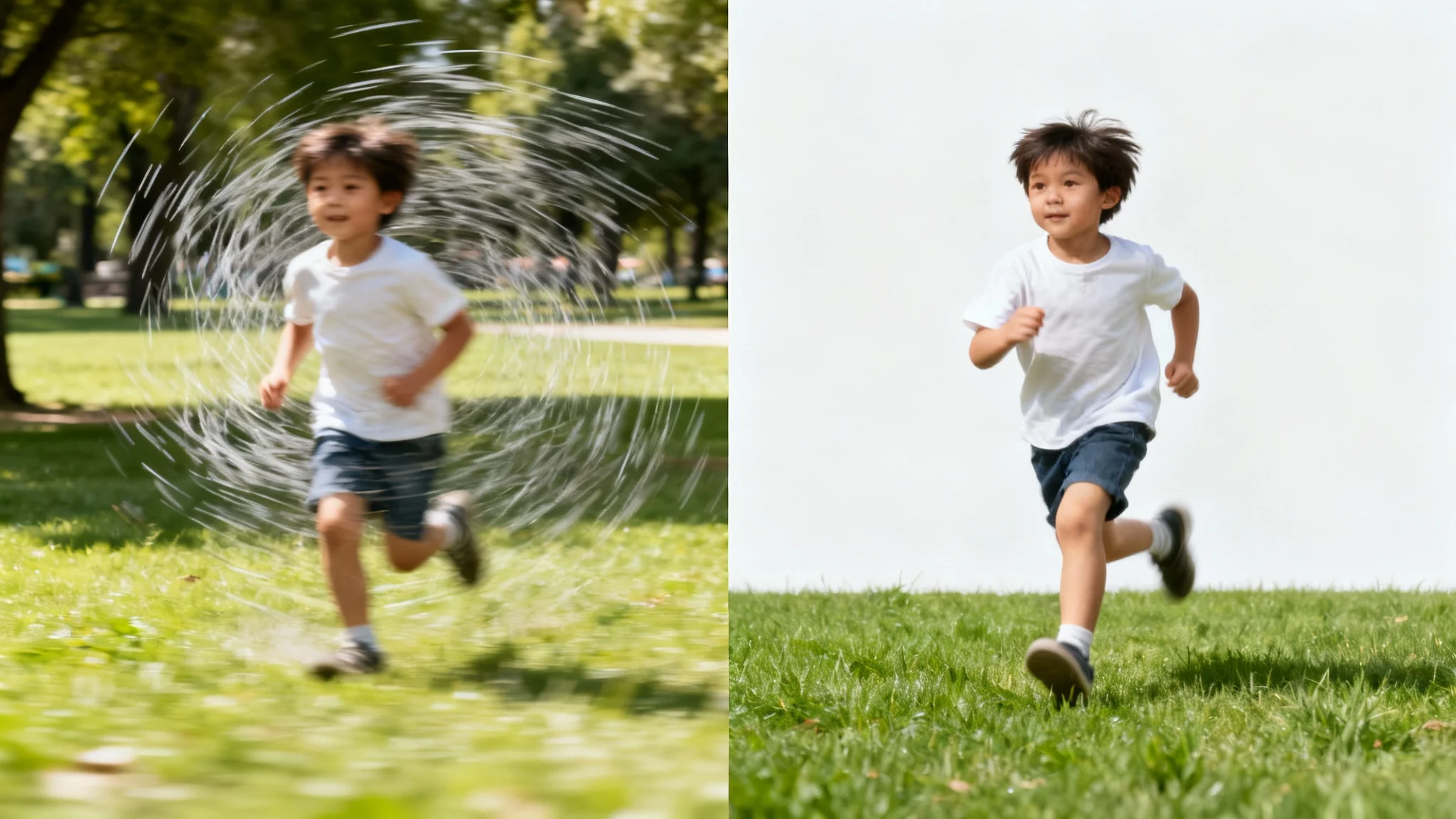 A split-screen image demonstrating video stabilization. The left half is a blurry, shaky photo of a child running. The right half is the same photo but perfectly sharp and stable, showing the effect of the stabilization technology.