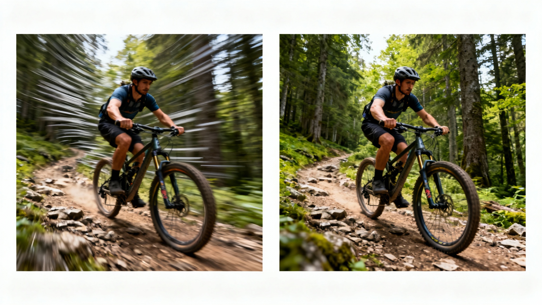 A split-screen image comparing a shaky video frame to a stabilized one. The left side is blurry and shows a mountain biker in motion, while the right side shows the same biker in a crystal-clear, sharp photo.