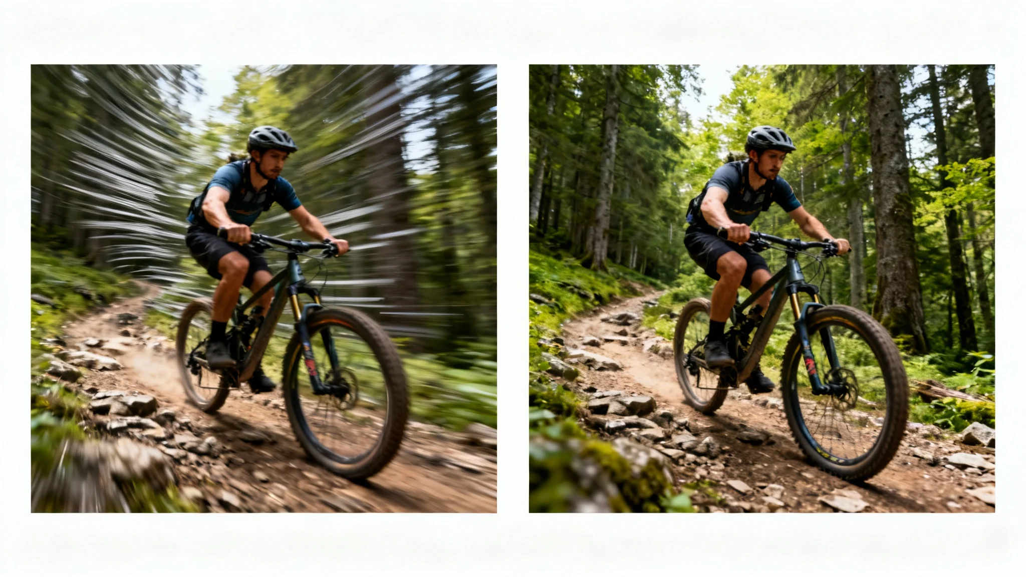 A split-screen image comparing a shaky video frame to a stabilized one. The left side is blurry and shows a mountain biker in motion, while the right side shows the same biker in a crystal-clear, sharp photo.