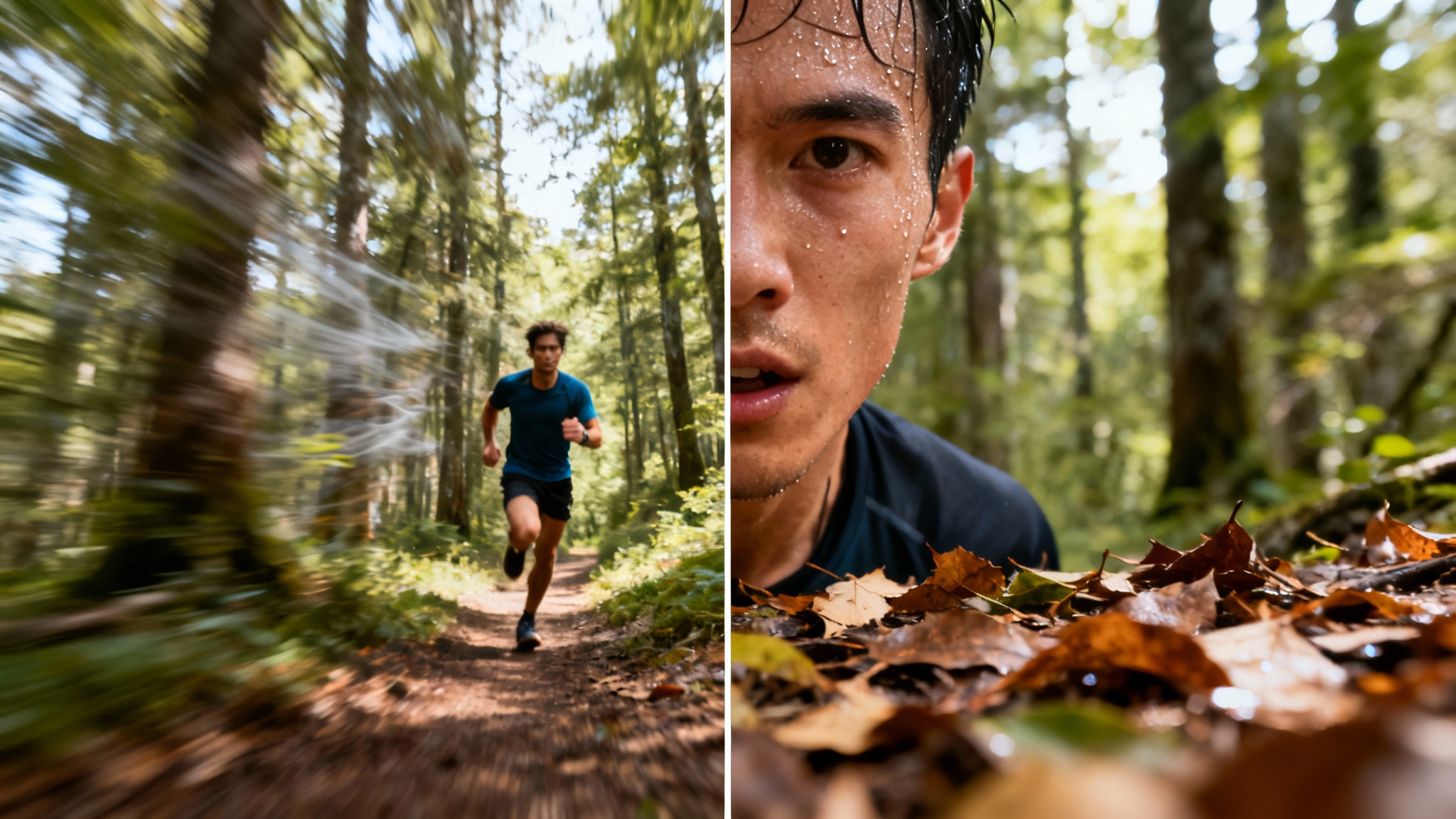 A split-screen image demonstrating video stabilization. The left side is a blurry, shaky image of a trail runner, and the right side is a perfectly clear, stable image of the same runner.