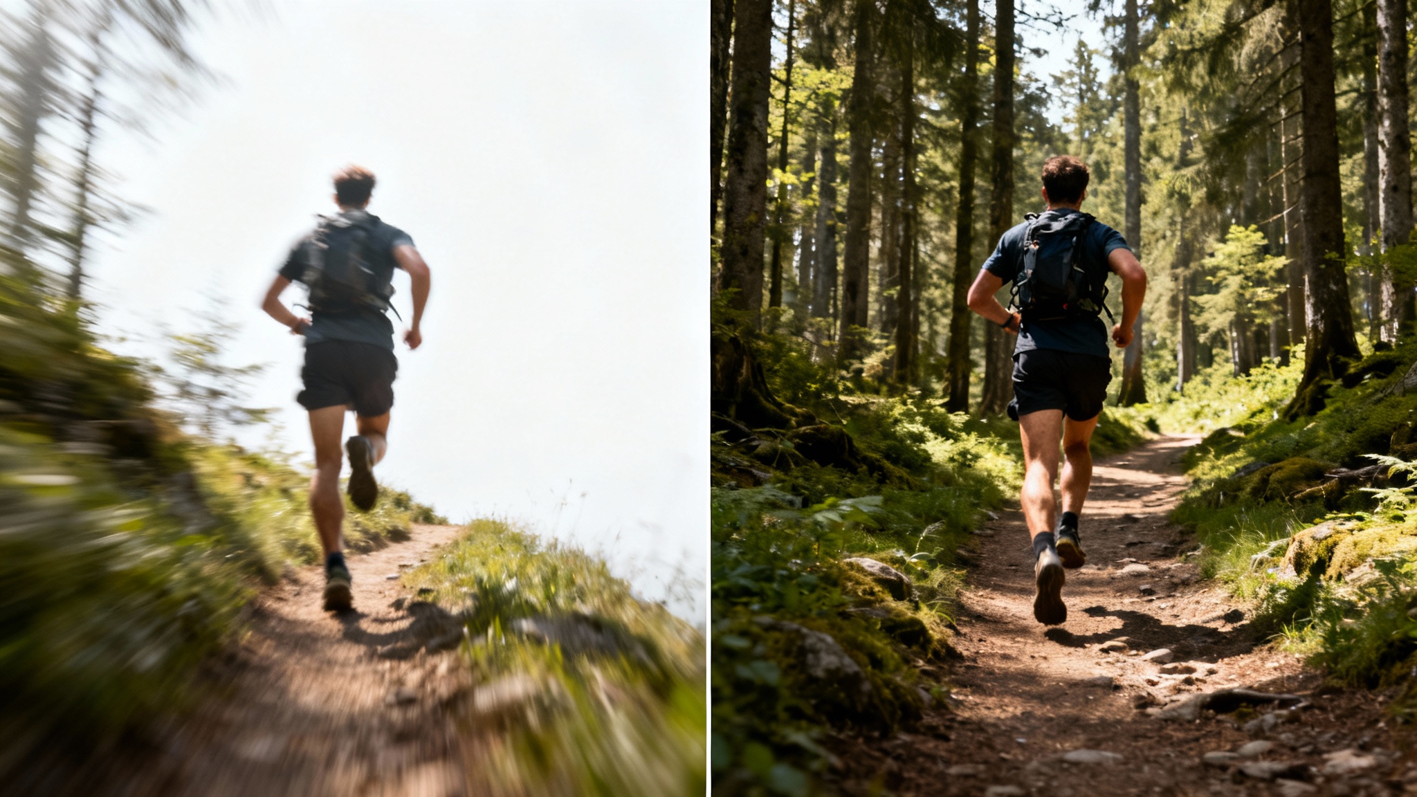 A split-screen image comparing shaky vs. stabilized video. The left half is a blurry photo of a trail runner, while the right half is the same image but perfectly sharp and clear, demonstrating the effect of video stabilization.