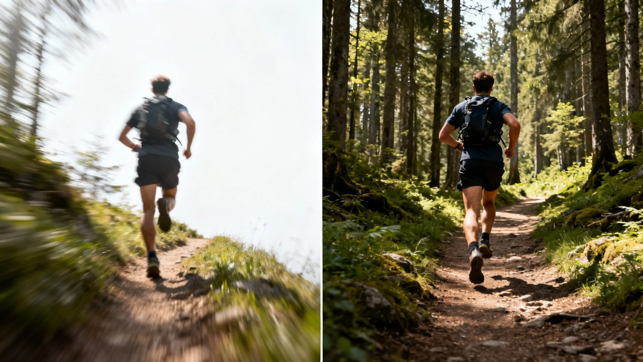 A split-screen image comparing shaky vs. stabilized video. The left half is a blurry photo of a trail runner, while the right half is the same image but perfectly sharp and clear, demonstrating the effect of video stabilization.