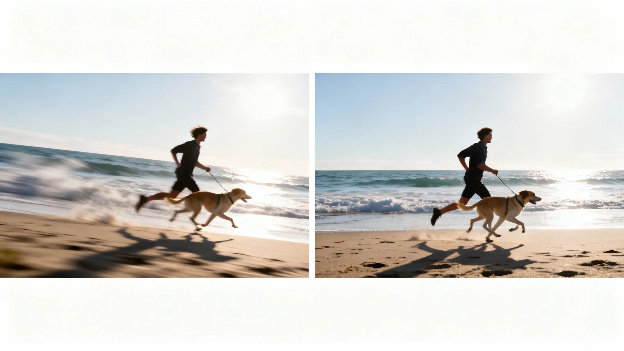 A split-screen comparison image showing the effect of video stabilization. On the left, a blurry, shaky image of a person and a dog running on a beach. On the right, the same image is perfectly clear, sharp, and stable.