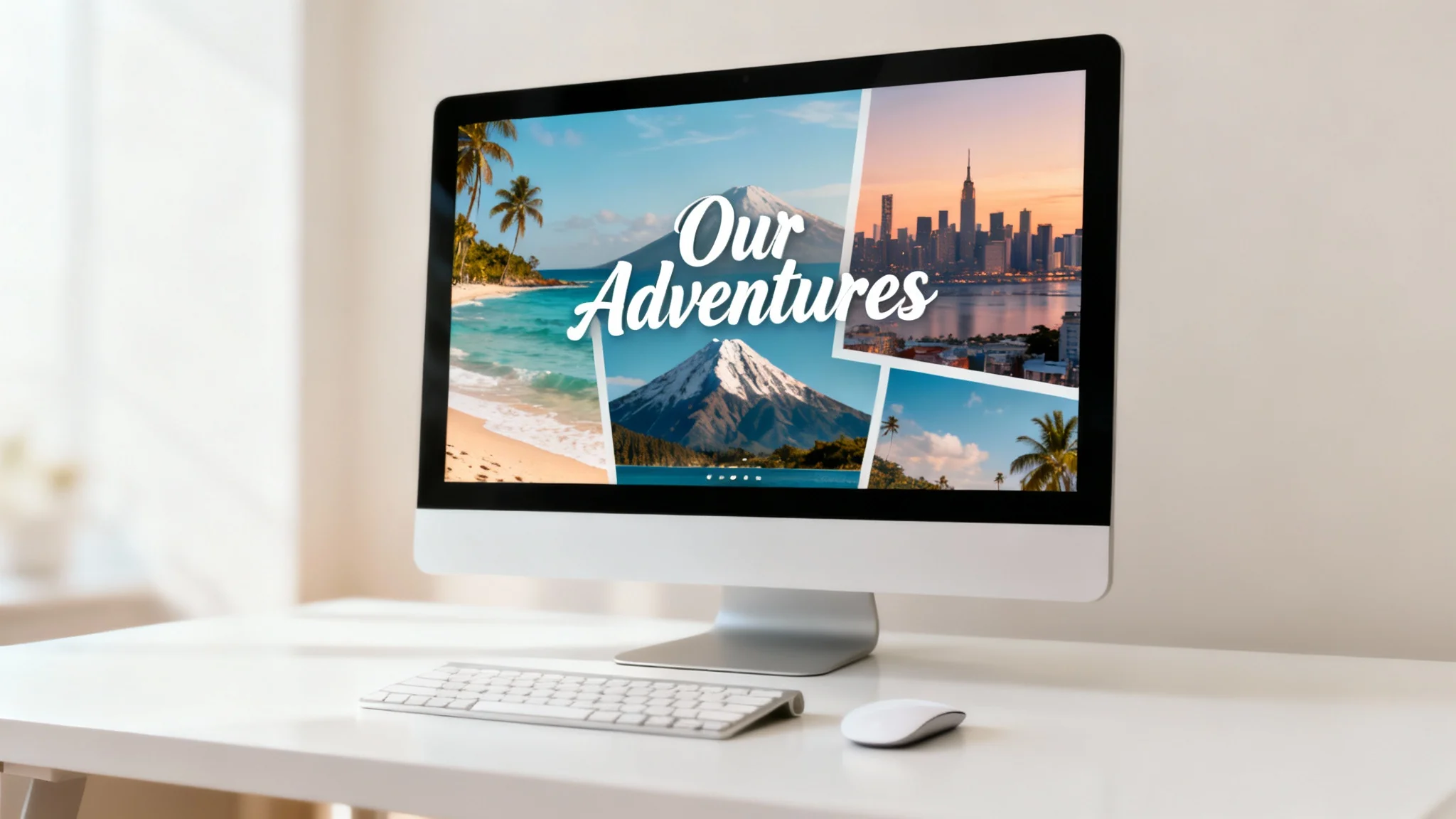A modern desktop computer on a clean desk, displaying a beautiful, custom-made photo collage wallpaper with the text 'Our Adventures' made with a wallpaper editor.