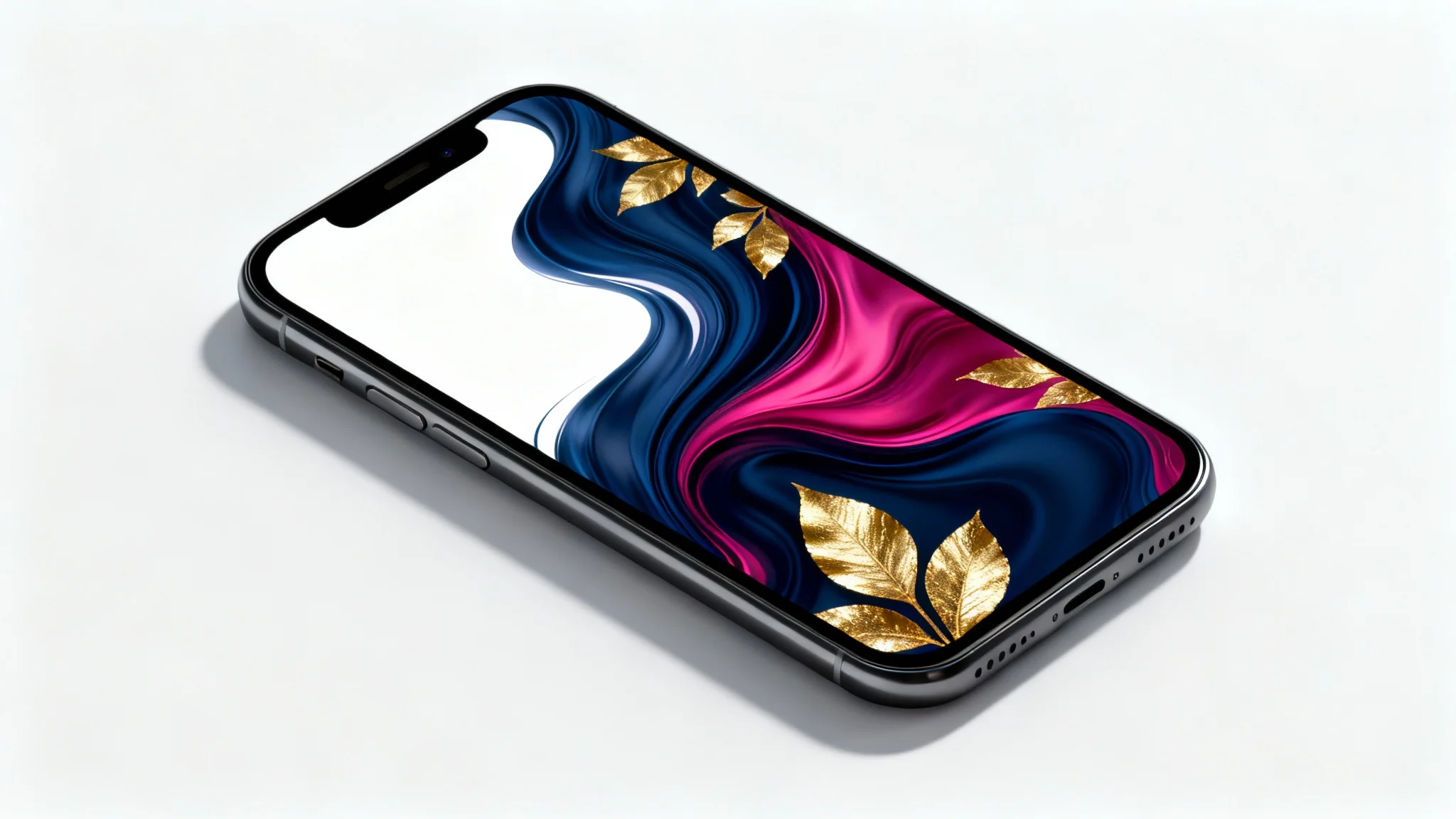 A modern smartphone lying on a white surface, its screen displaying a vibrant abstract wallpaper with blue, pink, and gold swirls.