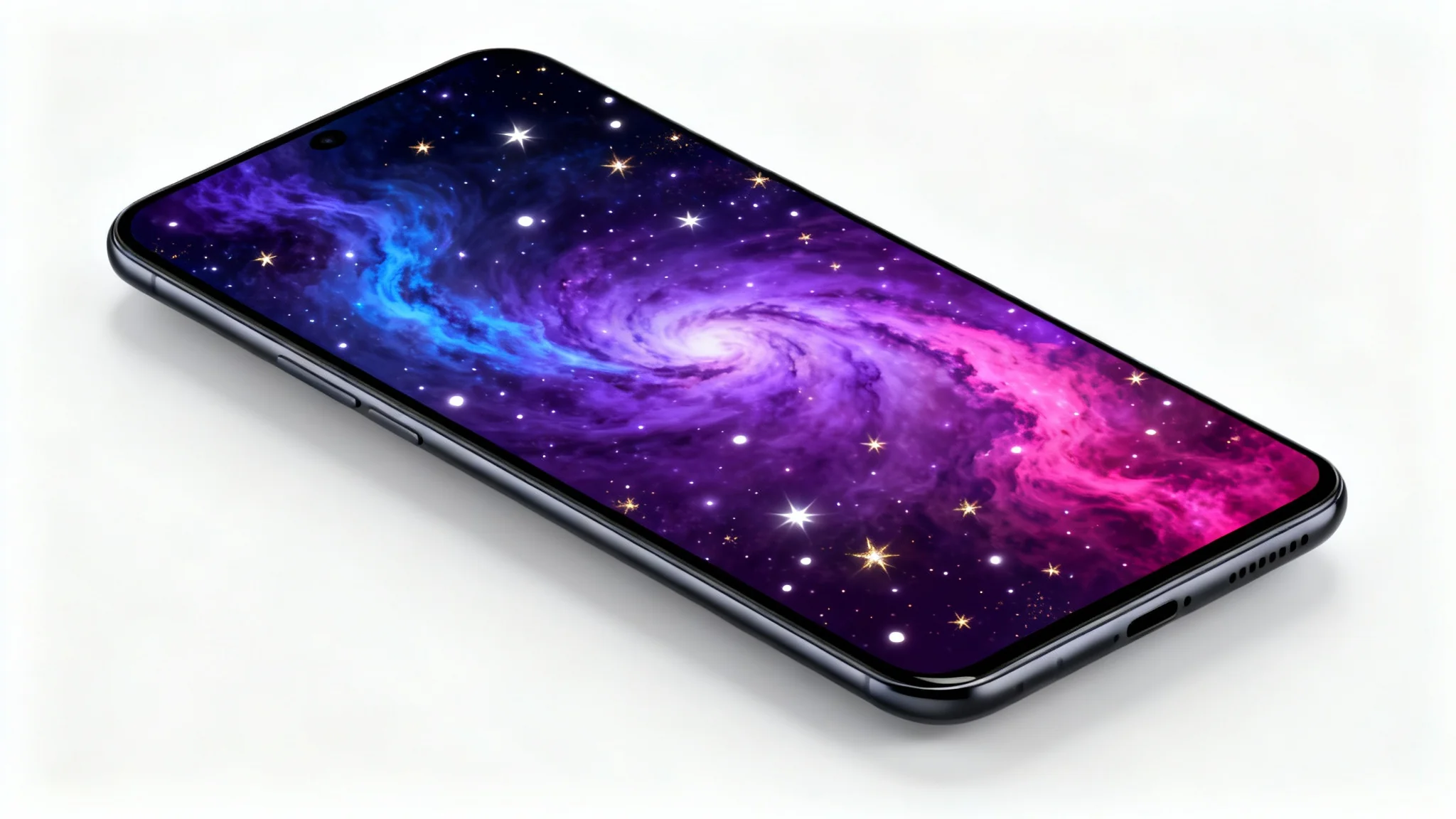 A photorealistic mockup of a modern smartphone displaying a vibrant nebula wallpaper with purple, blue, and magenta cosmic clouds against a plain white background.