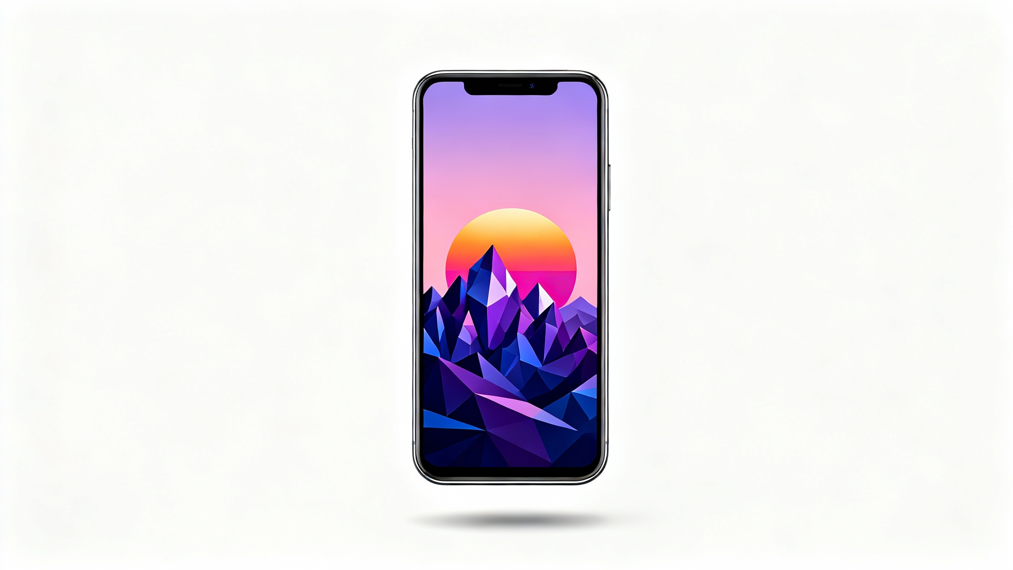 A sleek smartphone displaying a custom wallpaper of a geometric mountain landscape at sunset, isolated on a white background.