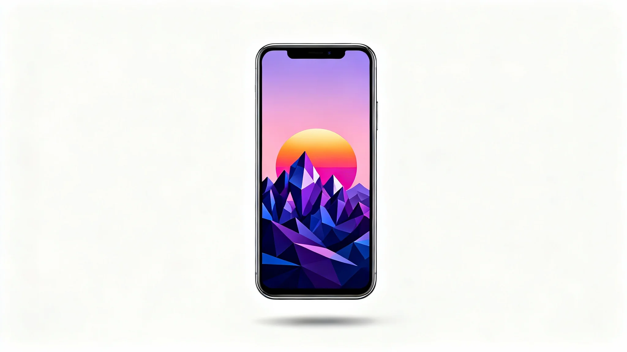 A sleek smartphone displaying a custom wallpaper of a geometric mountain landscape at sunset, isolated on a white background.