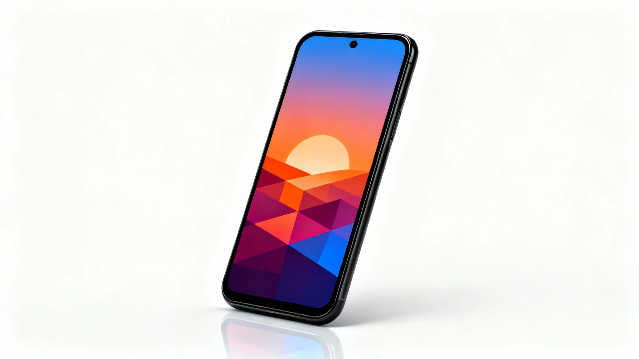 A modern smartphone displaying a colorful abstract geometric sunrise wallpaper, set against a clean white background.